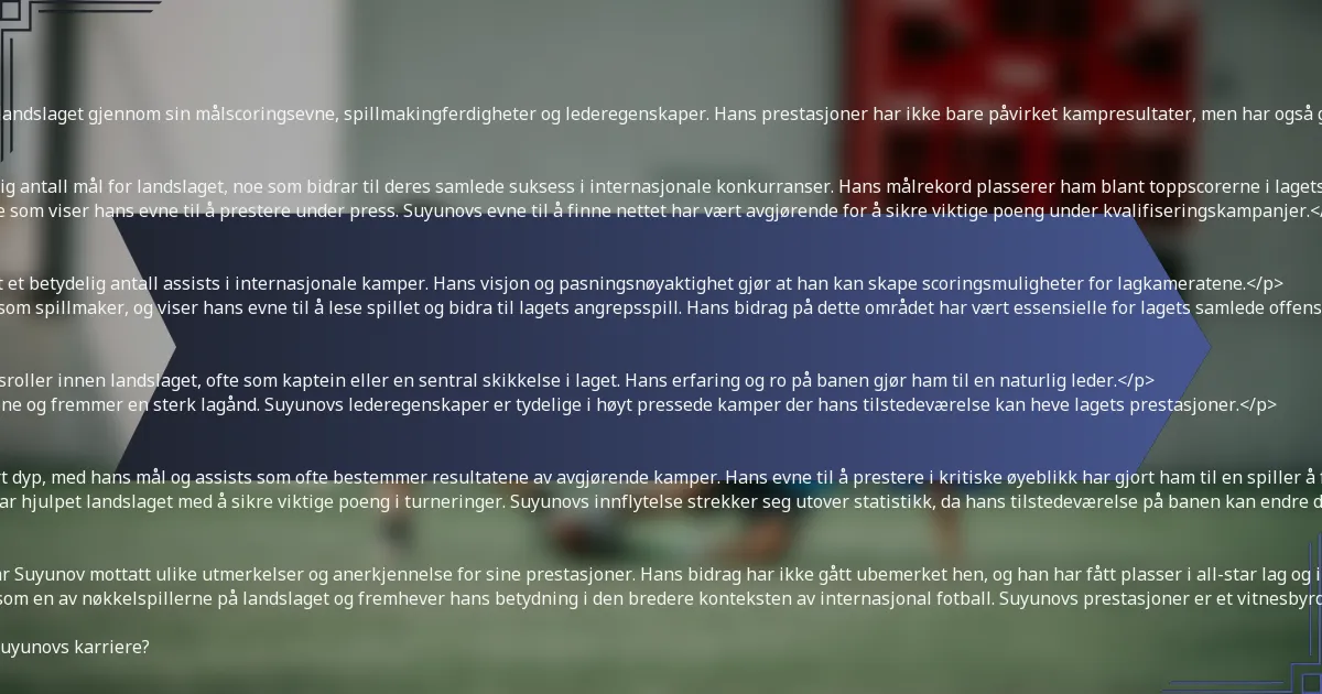 <p>Daniyar Suyunov har gjort betydelige bidrag til landslaget gjennom sin målscoringsevne, spillmakingferdigheter og lederegenskaper. Hans prestasjoner har ikke bare påvirket kampresultater, men har også gitt ham anerkjennelse i fotballmiljøet.</p>
<h3>Totalt antall mål scoret for landslaget</h3>
<p>Daniyar Suyunov har scoret et bemerkelsesverdig antall mål for landslaget, noe som bidrar til deres samlede suksess i internasjonale konkurranser. Hans målrekord plasserer ham blant toppscorerne i lagets historie.</p>
<p>Hans mål kommer ofte i avgjørende kamper, noe som viser hans evne til å prestere under press. Suyunovs evne til å finne nettet har vært avgjørende for å sikre viktige poeng under kvalifiseringskampanjer.</p>
<h3>Assists gitt i internasjonale kamper</h3>
<p>I tillegg til sin målscoringsevne har Suyunov gitt et betydelig antall assists i internasjonale kamper. Hans visjon og pasningsnøyaktighet gjør at han kan skape scoringsmuligheter for lagkameratene.</p>
<p>Dessuten fremhever disse assistene hans rolle som spillmaker, og viser hans evne til å lese spillet og bidra til lagets angrepsspill. Hans bidrag på dette området har vært essensielle for lagets samlede offensive strategi.</p>
<h3>Lederskapsroller og ansvar</h3>
<p>Daniyar Suyunov har påtatt seg ulike lederskapsroller innen landslaget, ofte som kaptein eller en sentral skikkelse i laget. Hans erfaring og ro på banen gjør ham til en naturlig leder.</p>
<p>Han leder ved eksempel, motiverer lagkameratene og fremmer en sterk lagånd. Suyunovs lederegenskaper er tydelige i høyt pressede kamper der hans tilstedeværelse kan heve lagets prestasjoner.</p>
<h3>Innvirkning på kampresultater</h3>
<p>Suyunvs innvirkning på kampresultater har vært dyp, med hans mål og assists som ofte bestemmer resultatene av avgjørende kamper. Hans evne til å prestere i kritiske øyeblikk har gjort ham til en spiller å følge med på under internasjonale oppgjør.</p>
<p>Hans bidrag har ført til minneverdige seire og har hjulpet landslaget med å sikre viktige poeng i turneringer. Suyunovs innflytelse strekker seg utover statistikk, da hans tilstedeværelse på banen kan endre dynamikken i en kamp.</p>
<h3>Anerkjennelse og priser mottatt</h3>
<p>Gjennom sin internasjonale karriere har Daniyar Suyunov mottatt ulike utmerkelser og anerkjennelse for sine prestasjoner. Hans bidrag har ikke gått ubemerket hen, og han har fått plasser i all-star lag og individuelle priser.</p>
<p>Denne anerkjennelsen reflekterer hans status som en av nøkkelspillerne på landslaget og fremhever hans betydning i den bredere konteksten av internasjonal fotball. Suyunovs prestasjoner er et vitnesbyrd om hans ferdigheter og dedikasjon til sporten.</p>
<h2>Hvilke nøkkelprestasjoner definerer Daniyar Suyunovs karriere?